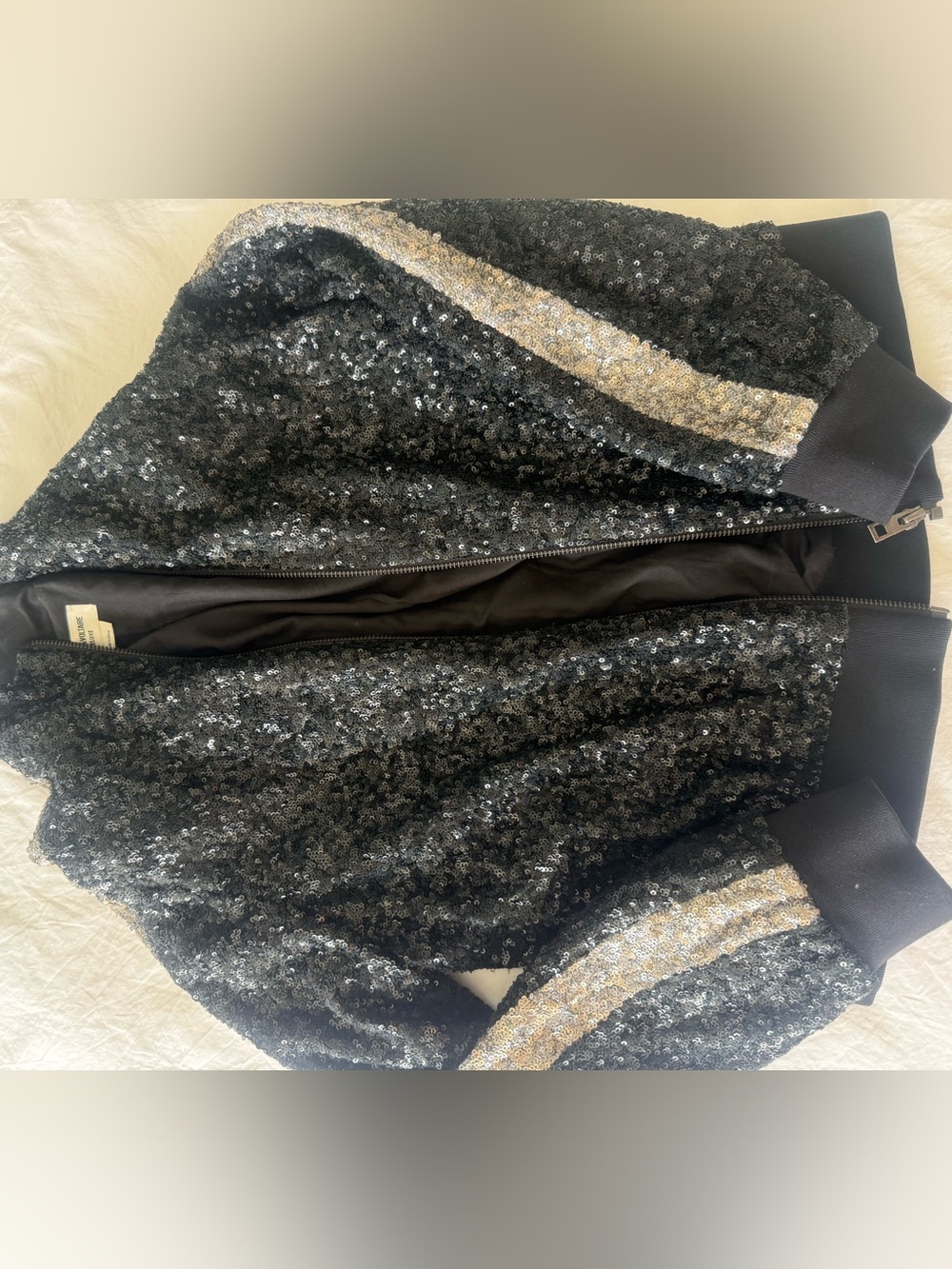 Zadig and Voltaire Black Sequin Bomber Jacket with Metallic Stripe